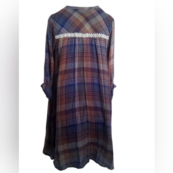 Holding Horses Anita Plaid Roll Sleeve Tunic Lace Trim Shirt Dress Small - Picture 3 of 6
